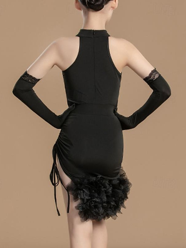 Robe de Danse Latine pour Enfants, Tenue de Danse Sans Manches en Élasthanne pour Filles