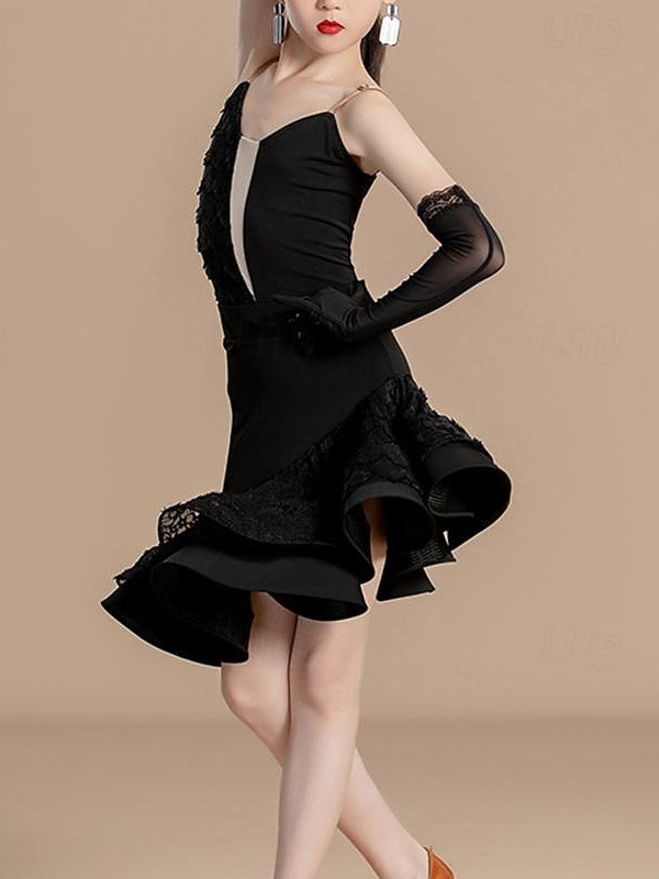 Vêtements de Danse Latine pour Enfants, Sans Manches, pour Filles, Performance et Dentelle en Coton Cristal