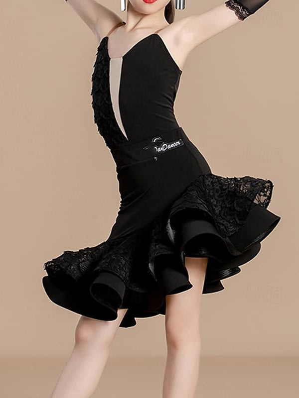 Vêtements de Danse Latine pour Enfants, Sans Manches, pour Filles, Performance et Dentelle en Coton Cristal