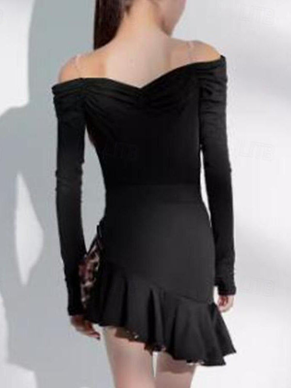 Vêtements de Danse Latine pour Enfants, Manches Longues, Épaules Dénudées, Performance et Élasthanne pour Filles