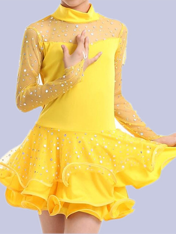 Robe de Danse Latine pour Enfants, Couleur Pure, Paillettes, Tulle, Manches Longues, Performance pour Filles et Tulle Élasthanne