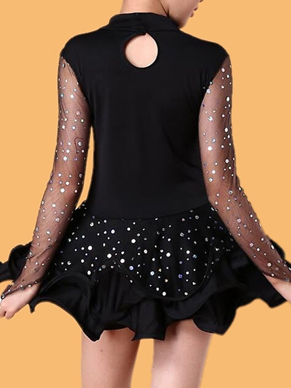 Robe de Danse Latine pour Enfants, Couleur Pure, Paillettes, Tulle, Manches Longues, Performance pour Filles et Tulle Élasthanne