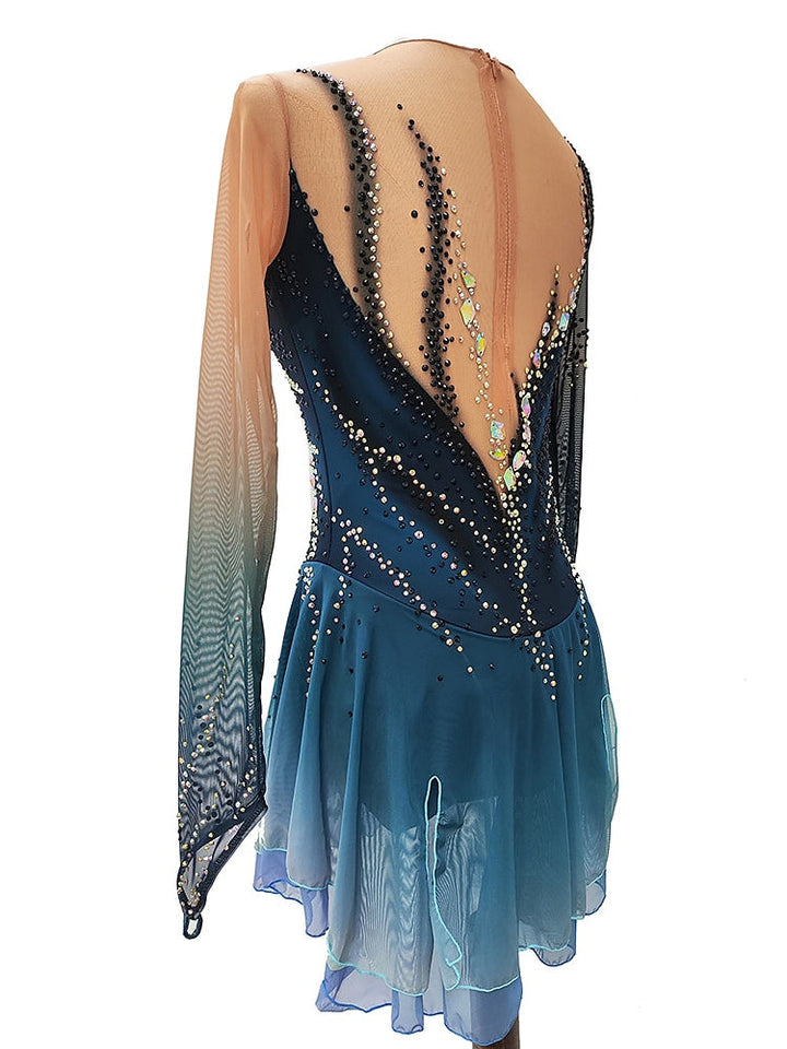 Robe de Patinage Artistique Thermique et Chaude pour Femme et Fille, Tenue de Patinage Artistique à Haute Élasticité avec Trou pour le Pouce et Teinture Halo, Bleu Foncé