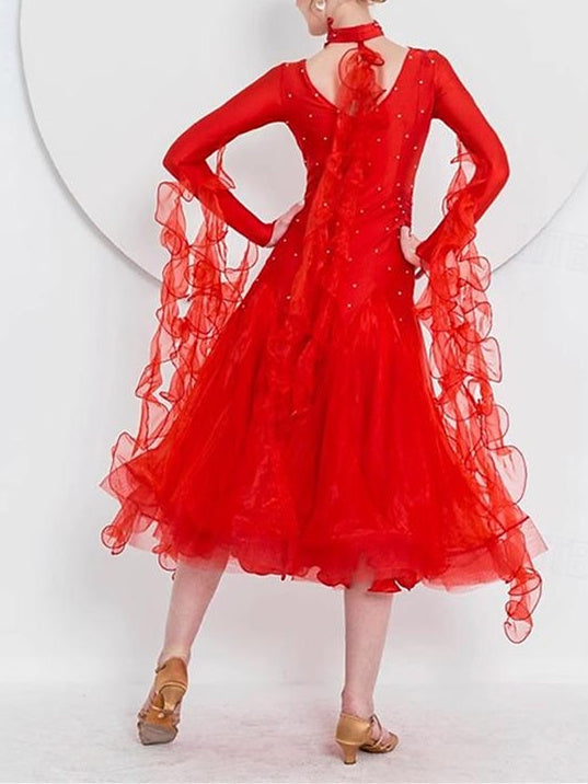 Robe de Danse de Salon pour Femmes, Vêtements de Danse de Valse Moderne, Robe de Danse à Manches Longues