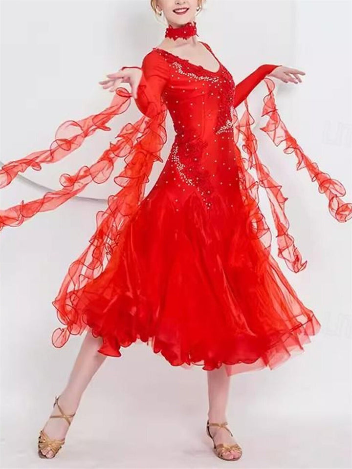 Robe de Danse de Salon pour Femmes, Vêtements de Danse de Valse Moderne, Robe de Danse à Manches Longues