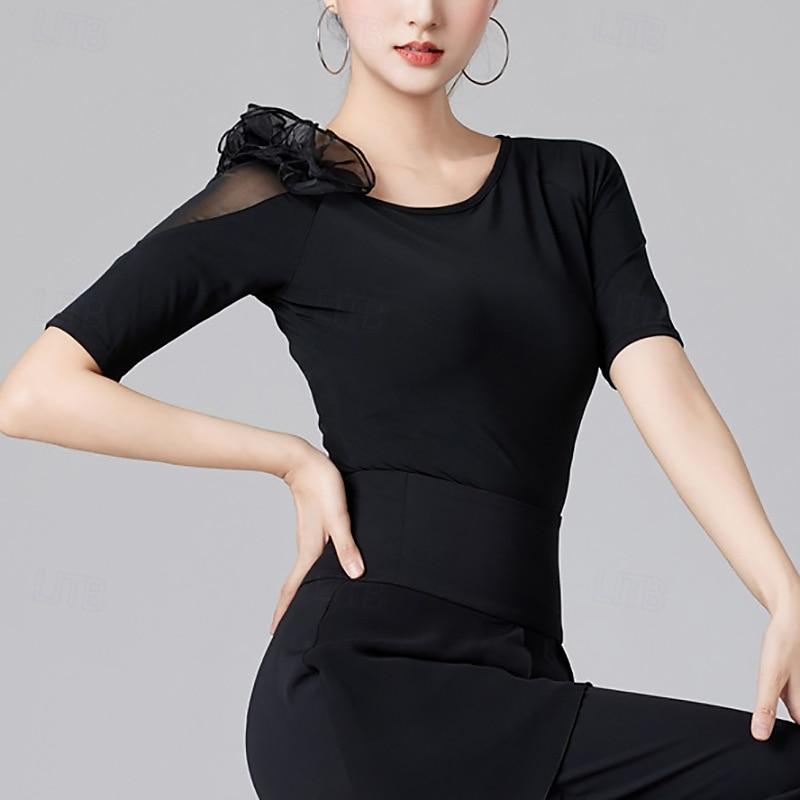 Danse Latine à Manches Courtes, Couleur Pure, Volants, Épissage, Entraînement de Performance pour Femmes