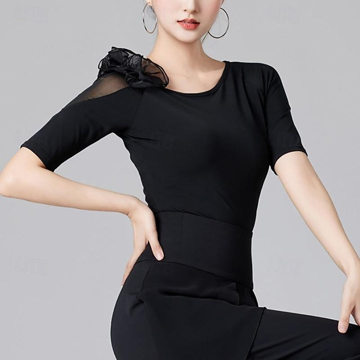 Danse Latine à Manches Courtes, Couleur Pure, Volants, Épissage, Entraînement de Performance pour Femmes