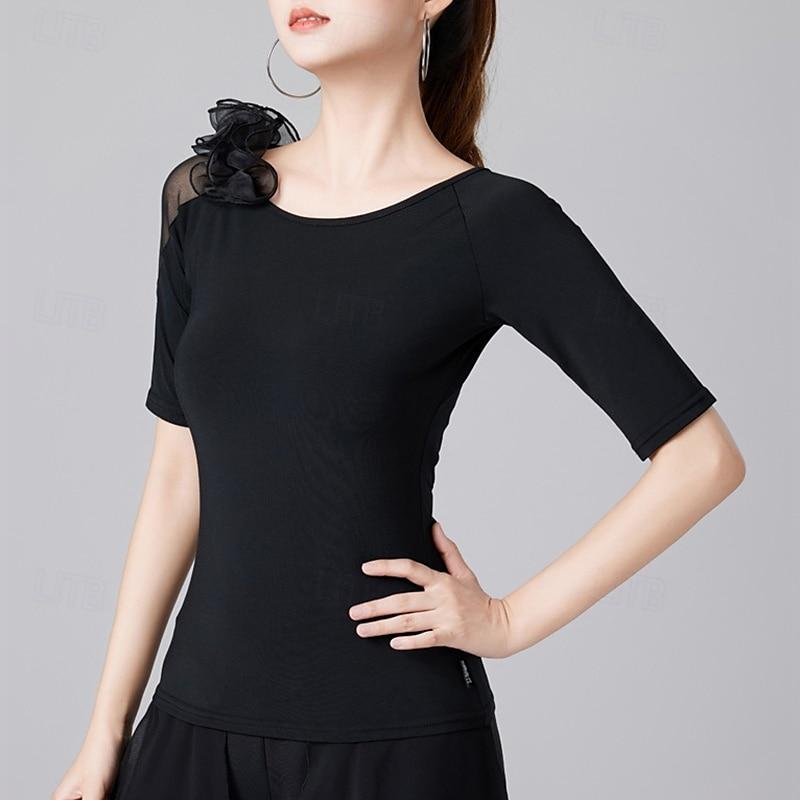 Danse Latine à Manches Courtes, Couleur Pure, Volants, Épissage, Entraînement de Performance pour Femmes