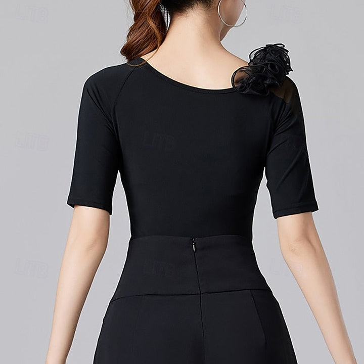 Danse Latine à Manches Courtes, Couleur Pure, Volants, Épissage, Entraînement de Performance pour Femmes