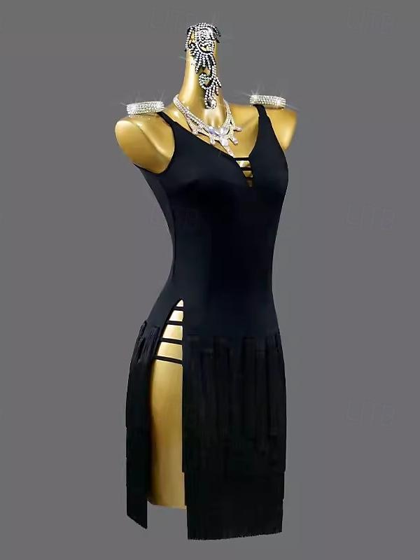 Robe de Danse Latine Salsa Chinlon à Pompons de Couleur Pure Sans Manches avec Épissure pour Femme