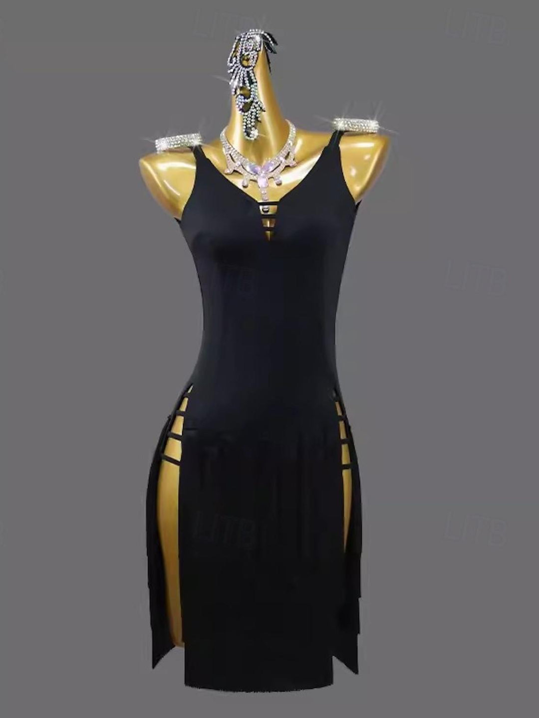 Robe de Danse Latine Salsa Chinlon à Pompons de Couleur Pure Sans Manches avec Épissure pour Femme