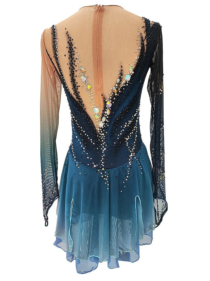 Robe de Patinage Artistique pour Femmes et Filles, Robe de Patinage Sur Glace Bleu Foncé, Élasticité, Compétition Professionnelle, Vêtements de Patinage, Thermique, Chaud, Cristal/Strass, Manches Longues, Patinage Sur Glace