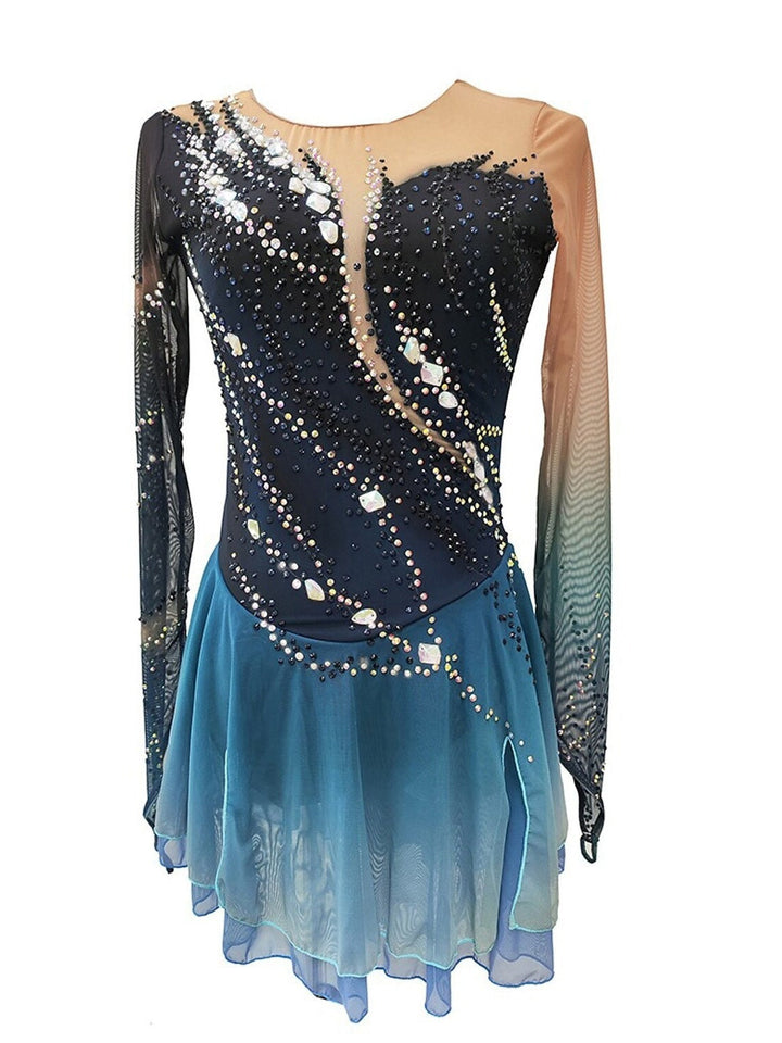 Robe de Patinage Artistique pour Femmes et Filles, Robe de Patinage Sur Glace Bleu Foncé, Élasticité, Compétition Professionnelle, Vêtements de Patinage, Thermique, Chaud, Cristal/Strass, Manches Longues, Patinage Sur Glace