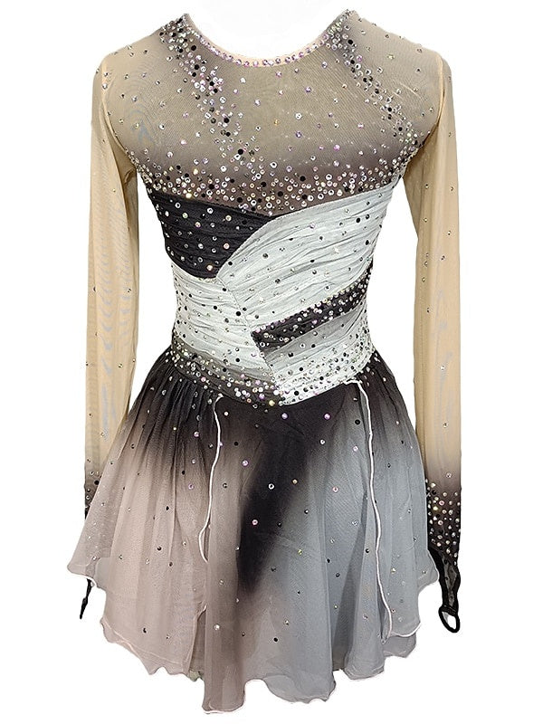 Robe de Patinage Artistique pour Femmes et Filles, Robe de Patinage Sur Glace, Patchwork Gris, Trou pour le Pouce, Maille, Élasthanne, Extensible, Entraînement, Pratique, Patinage Professionnel, Cristal/Strass, Manches Longues, Patinage Artistique