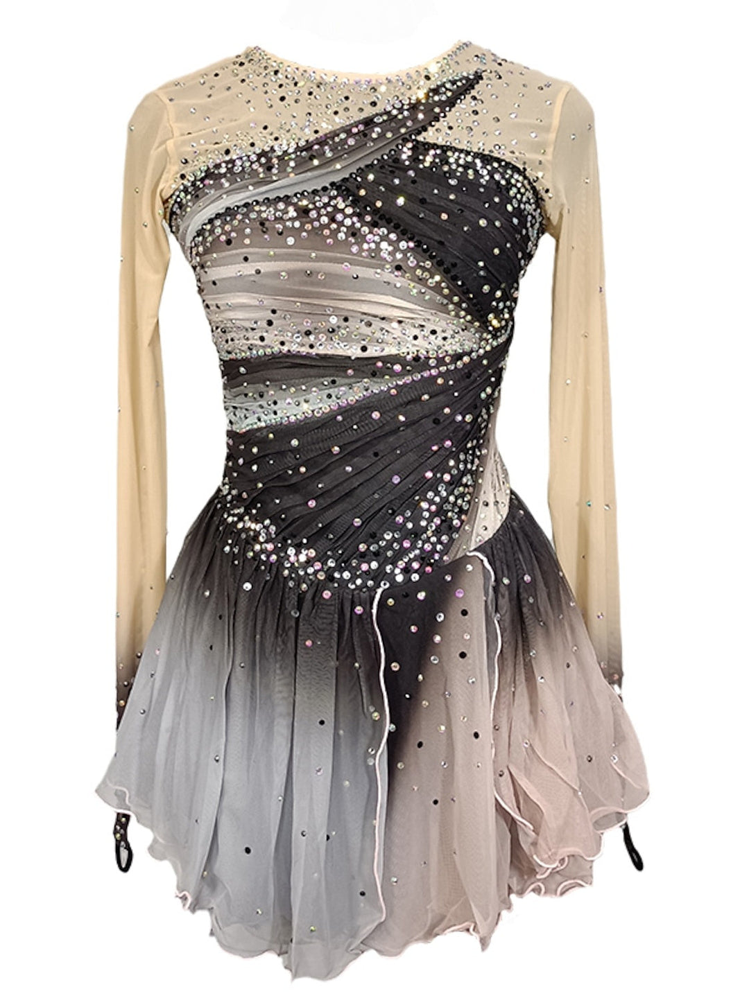 Robe de Patinage Artistique pour Femmes et Filles, Robe de Patinage Sur Glace, Patchwork Gris, Trou pour le Pouce, Maille, Élasthanne, Extensible, Entraînement, Pratique, Patinage Professionnel, Cristal/Strass, Manches Longues, Patinage Artistique