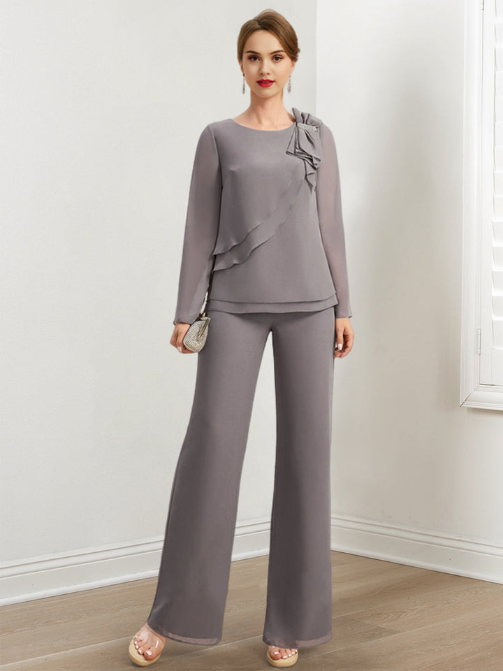 Tailleur-Pantalon en Mousseline de Soie pour Mère de la Mariée avec Perles et Volants