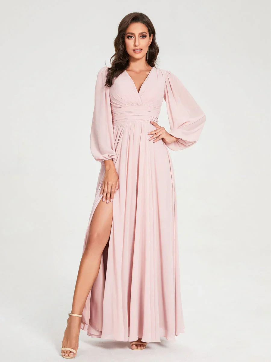 Ligne A/Princesse Col en V Manches Longues La Longueur du Sol Robes de Demoiselle d'Honneur avec Poches & Côté Divisé