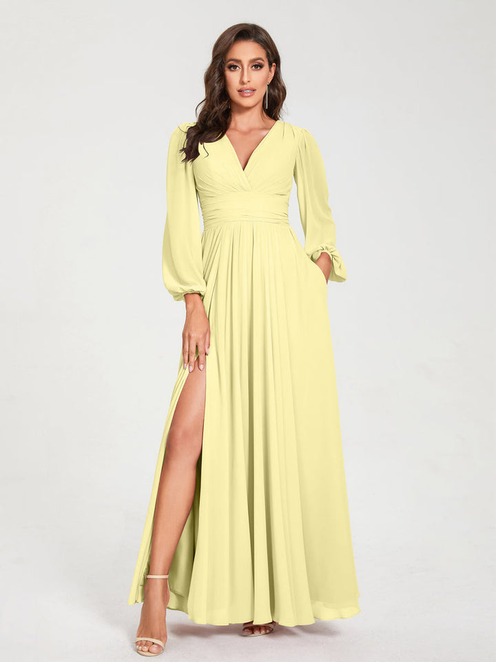 Ligne A/Princesse Col en V Manches Longues La Longueur du Sol Robes de Demoiselle d'Honneur avec Poches & Côté Divisé