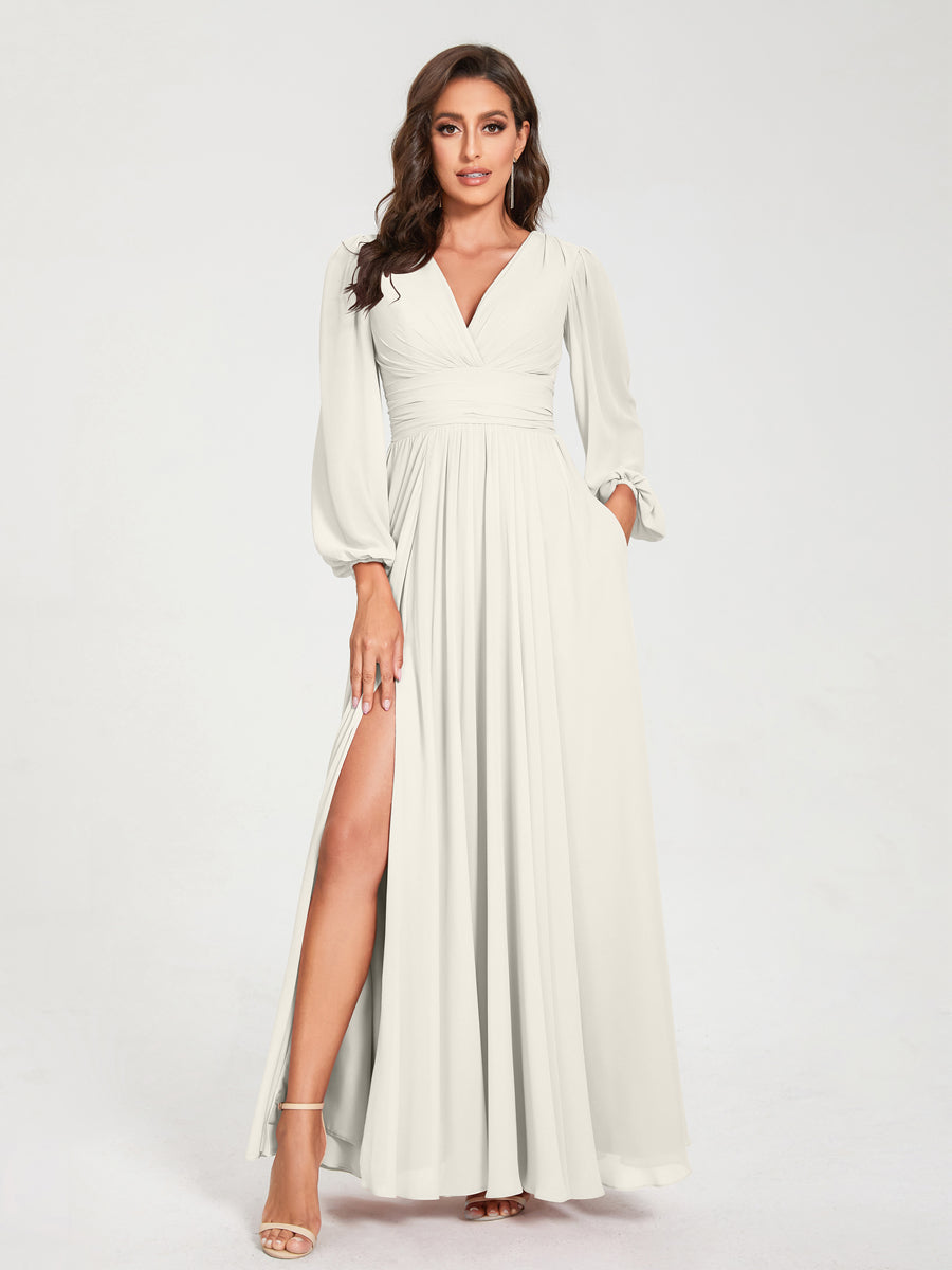 Ligne A/Princesse Col en V Manches Longues La Longueur du Sol Robes de Demoiselle d'Honneur avec Poches & Côté Divisé