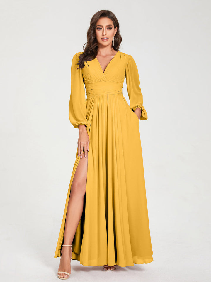 Ligne A/Princesse Col en V Manches Longues La Longueur du Sol Robes de Demoiselle d'Honneur avec Poches & Côté Divisé