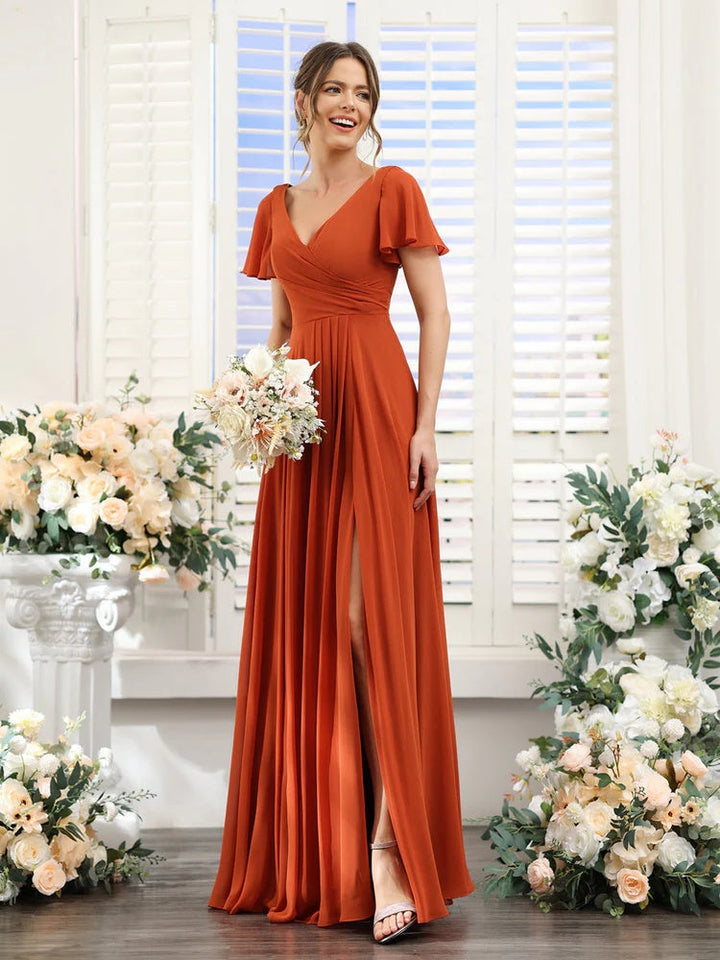 Ligne A/Princesse Col en V Manches Courtes Robes de Demoiselle d'Honneur avec Côté Divisé & Ruché