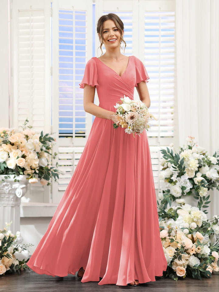 Ligne A/Princesse Col en V Manches Courtes Robes de Demoiselle d'Honneur avec Côté Divisé & Ruché