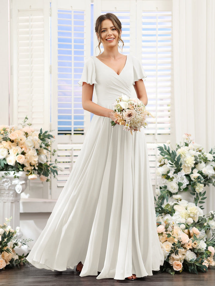 Ligne A/Princesse Col en V Manches Courtes Robes de Demoiselle d'Honneur avec Côté Divisé & Ruché