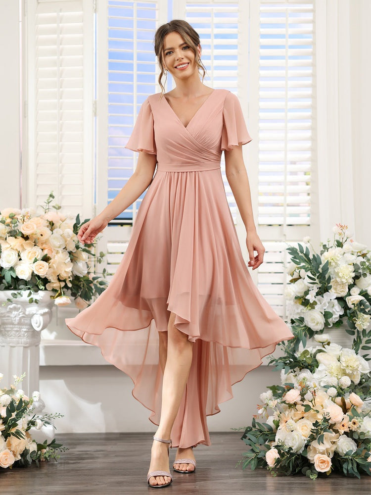 Ligne A/Princesse Col en V Manches Courtes Asymétrique Mousseline Robes de Demoiselle d'Honneur avec Ruché