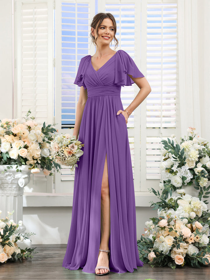 Ligne A/Princesse Col en V Manches Courtes Mousseline Robes de Demoiselle d'Honneur avec Côté Divisé & Les Poches