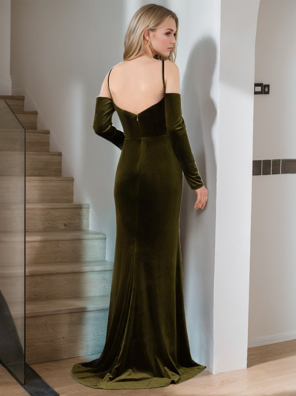 Ligne A/Princesse Bretelles Spaghetti Sans Manches La Longueur du Sol Velours Unique Robes de Demoiselle d'Honneur avec Côté Divisé