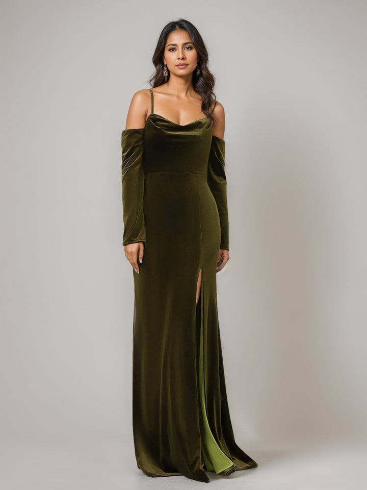 Ligne A/Princesse Bretelles Spaghetti Sans Manches La Longueur du Sol Velours Unique Robes de Demoiselle d'Honneur avec Côté Divisé