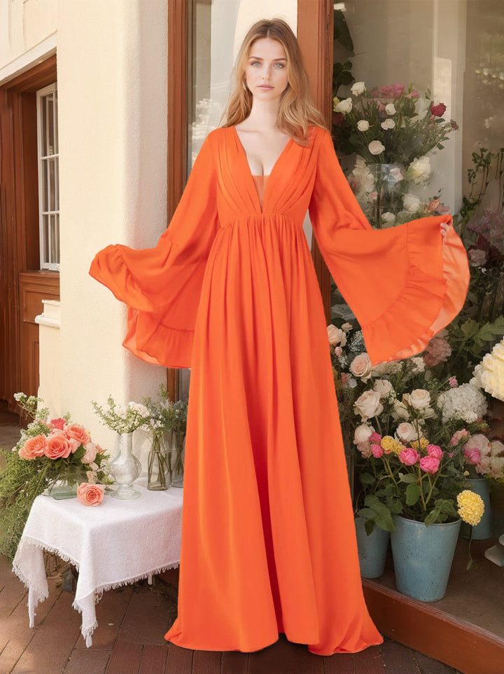 Ligne A/Princesse Deep Col en V Manches Longues La Longueur du Sol Robes de Demoiselle d'Honneur avec Froufrous