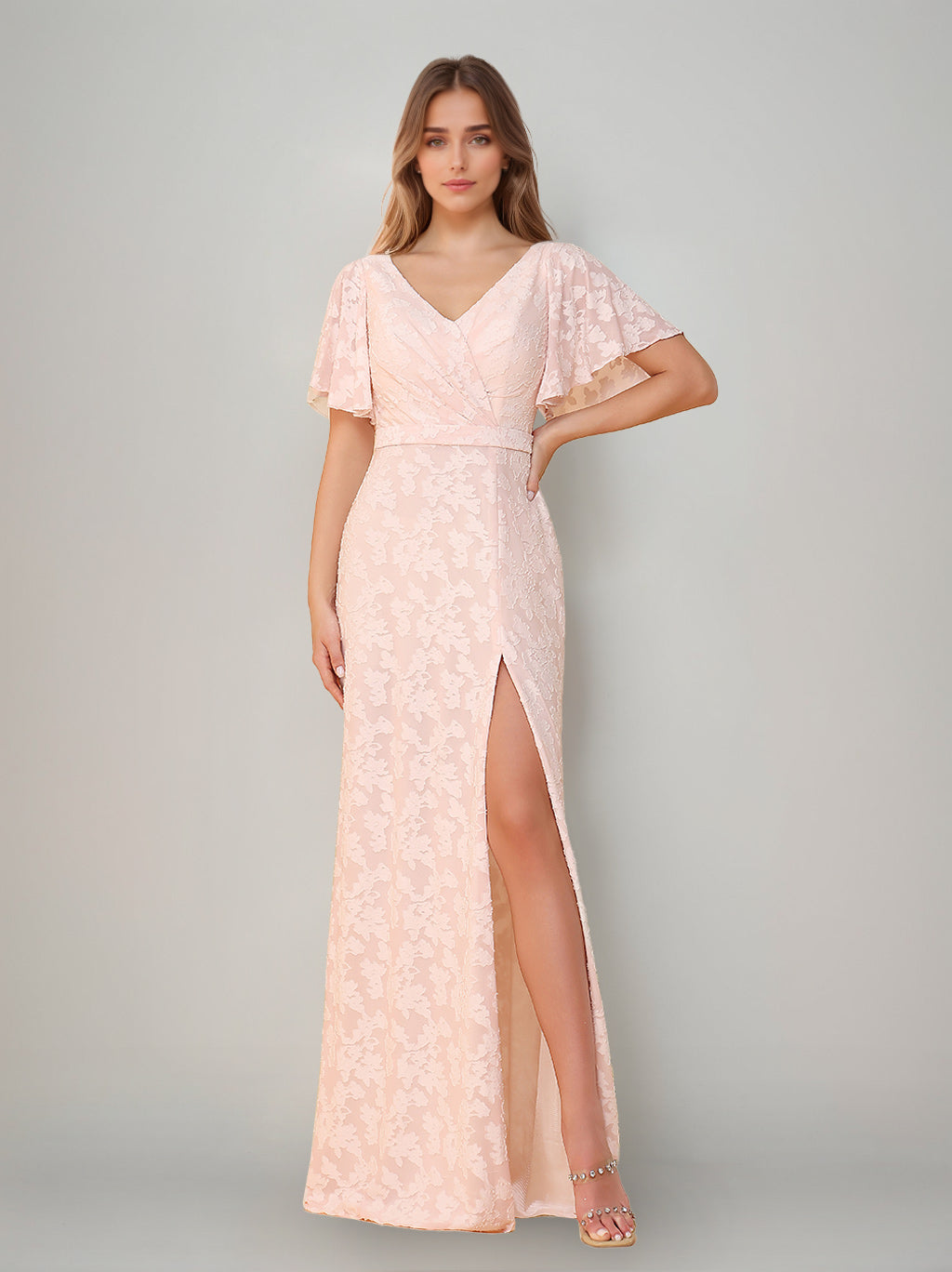 Ligne A/Princesse Col en V Manches Courtes La Longueur du Sol Robes de Demoiselle d'Honneur avec Côté Divisé & Ruché