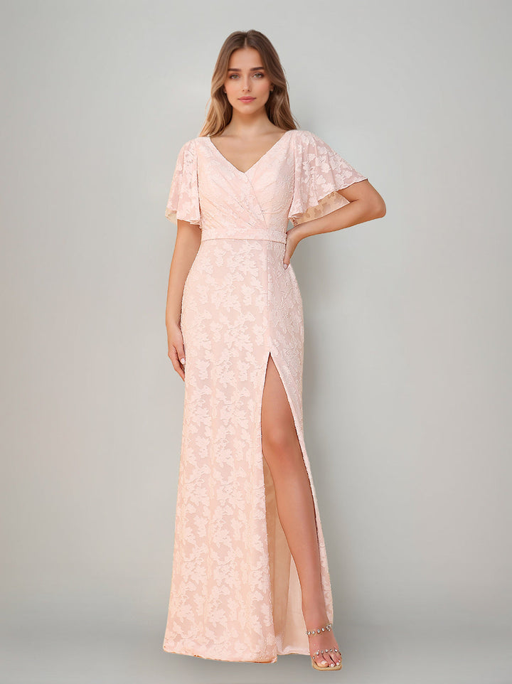 Ligne A/Princesse Col en V Manches Courtes La Longueur du Sol Robes de Demoiselle d'Honneur avec Côté Divisé & Ruché