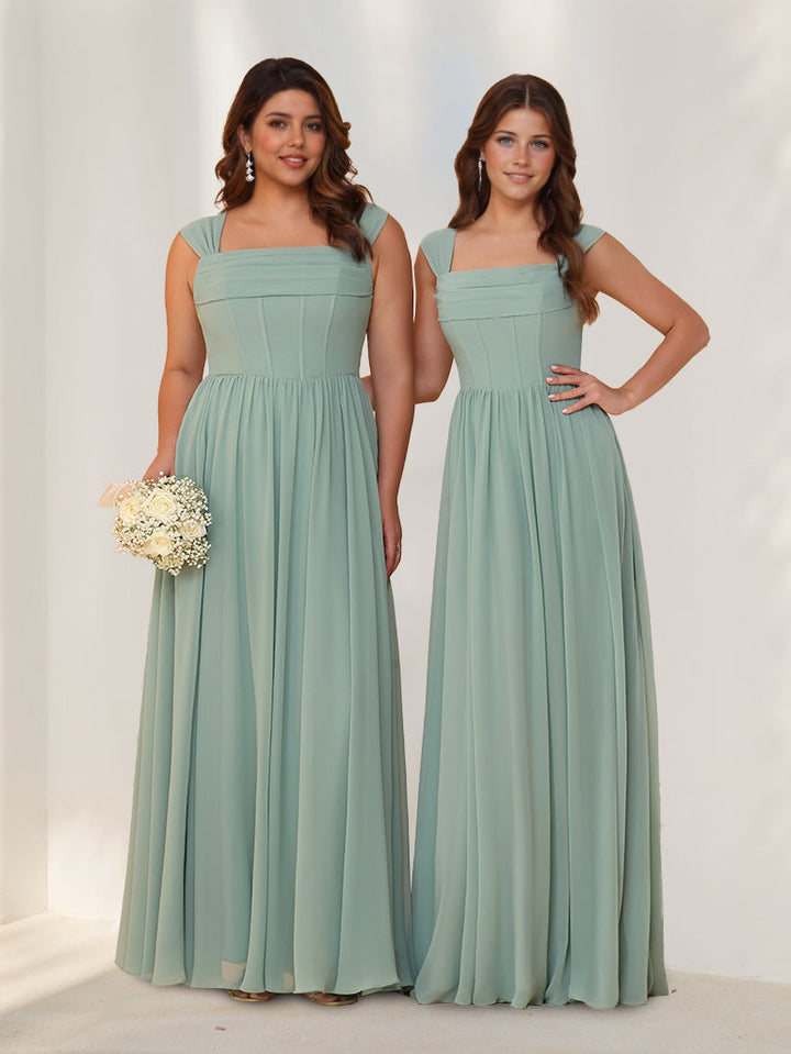 Ligne A/Princesse Carré Neck Sans Manches La Longueur du Sol Mousseline Robes de Demoiselle d'Honneur avec Plis