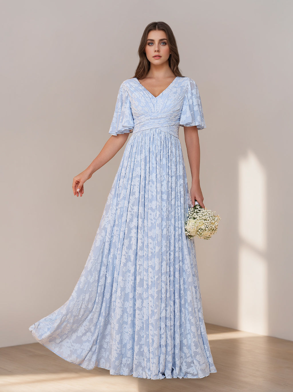 Ligne A/Princesse Col en V Manches Courtes La Longueur du Sol Long Robes de Demoiselle d'Honneur avec Froufrous