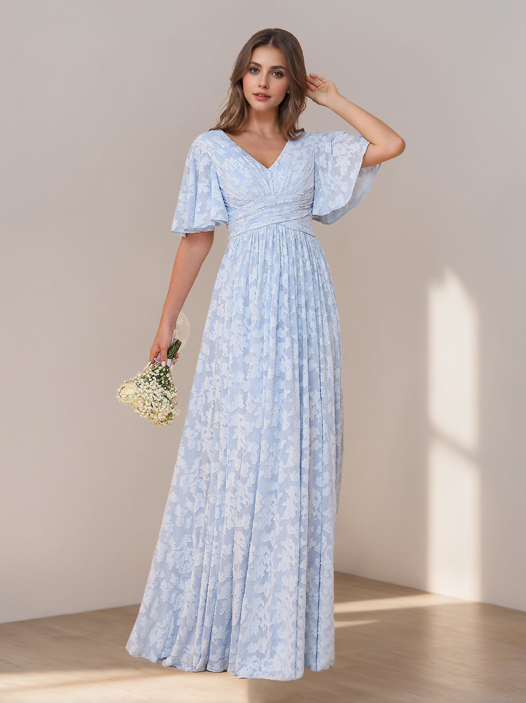 Ligne A/Princesse Col en V Manches Courtes La Longueur du Sol Long Robes de Demoiselle d'Honneur avec Froufrous