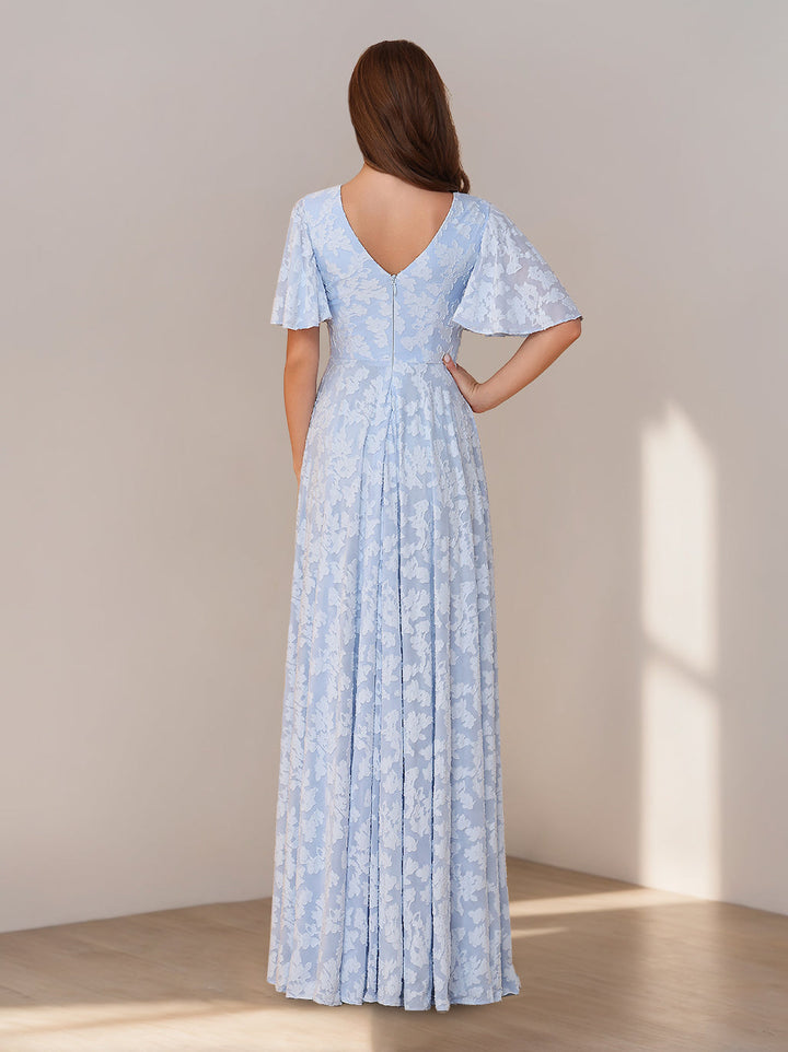 Ligne A/Princesse Col en V Manches Courtes La Longueur du Sol Long Robes de Demoiselle d'Honneur avec Froufrous