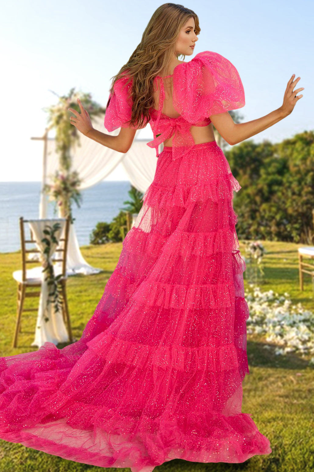 Robe de Soirée Longue en Tulle Deux Pièces, Coupe A-Line/Princess, avec Paillettes et Fente Sur le Côté