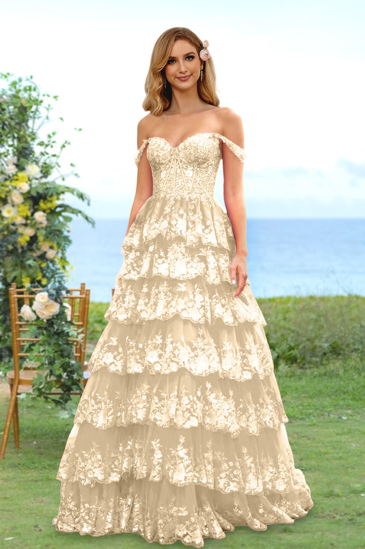 Robe de Soirée Longue à Fleurs, Coupe A-Line/Princesse, Décolleté en Cœur, Épaules Dénudées, avec Paillettes et Volants