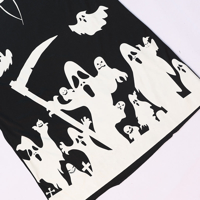 Costume D'Halloween à Imprimé Squelette Fantôme de la Faucheuse avec Faux Lumineuse