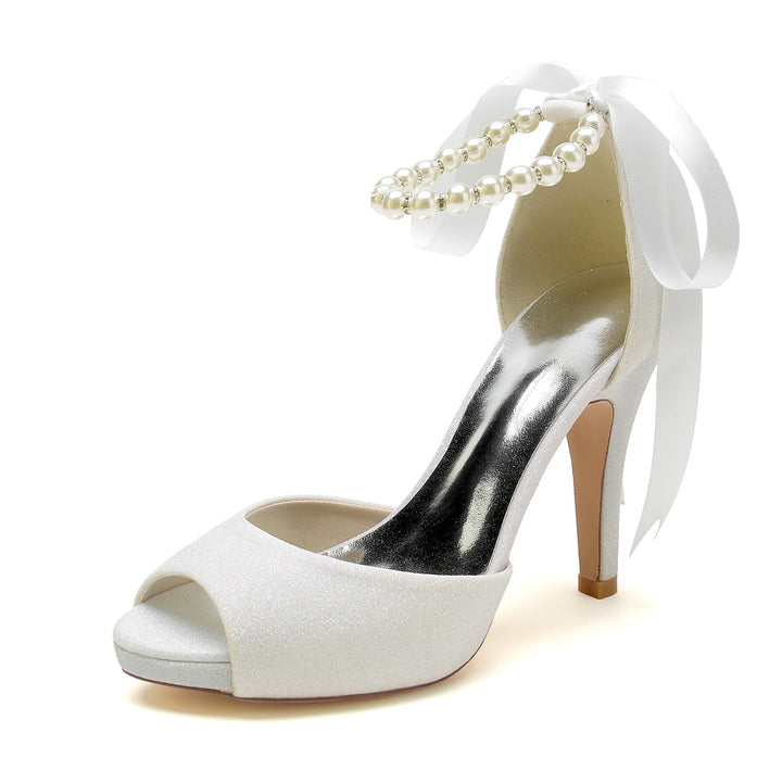 Chaussures de Mariage pour Femmes, Chaussures de Mariée à Talons Hauts, Nœud à Paillettes, Bout Ouvert, Boucle en Perles
