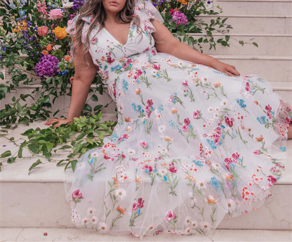 Robe de Soirée Formelle à Fleurs, Coupe A-Line/Princesse, Col en V, Manches Courtes, Motif Floral