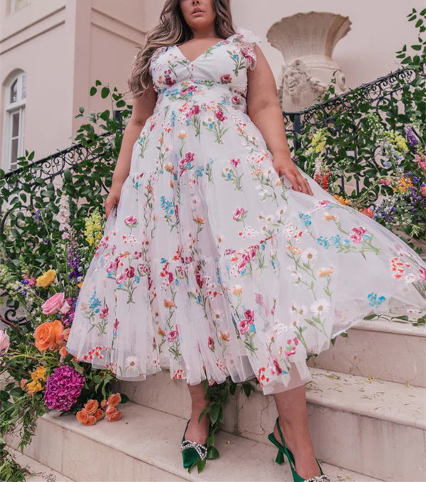 Robe de Soirée Formelle à Fleurs, Coupe A-Line/Princesse, Col en V, Manches Courtes, Motif Floral