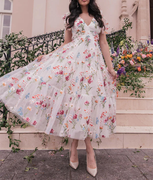 Robe de Soirée Formelle à Fleurs, Coupe A-Line/Princesse, Col en V, Manches Courtes, Motif Floral