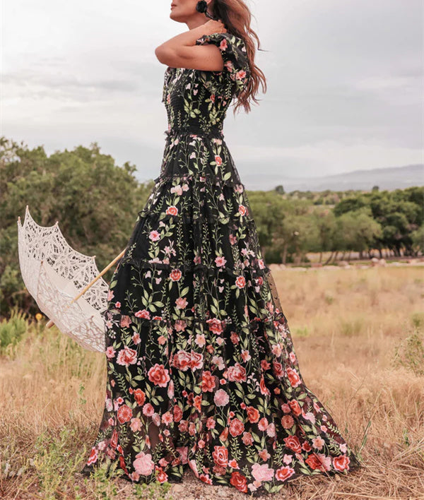 Robe de Soirée Formelle à Fleurs, Coupe A-Line/Princesse, Col en V, Manches Courtes, Motif Floral