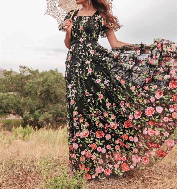 Robe de Soirée Formelle à Fleurs, Coupe A-Line/Princesse, Col en V, Manches Courtes, Motif Floral
