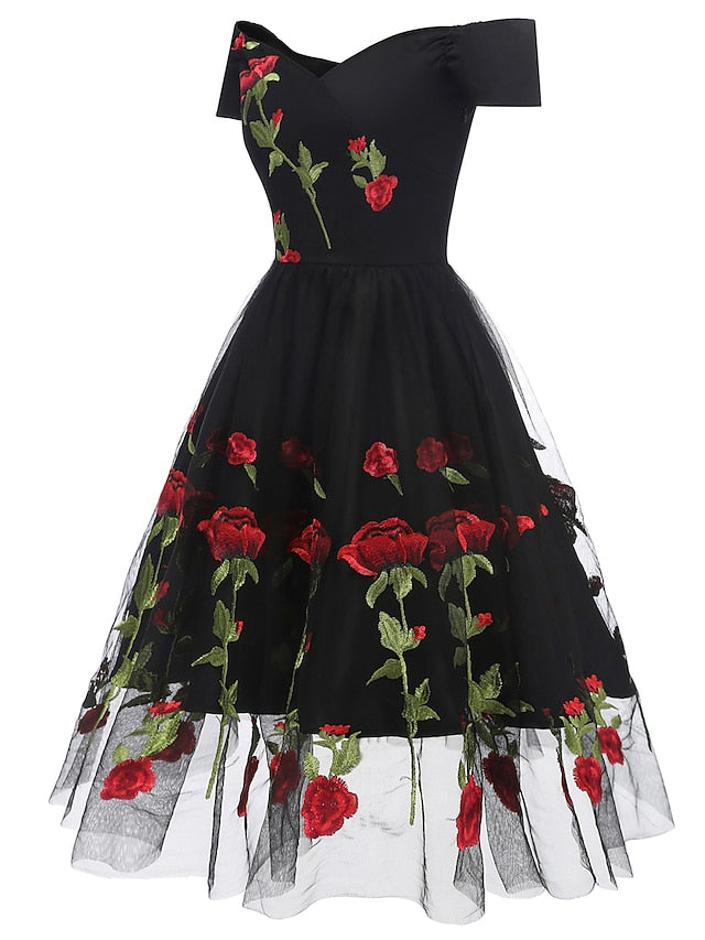 Robe de Soirée Trapèze/Princesse à Épaules Dénudées et Manches Courtes Au Genou avec Appliques Brodées