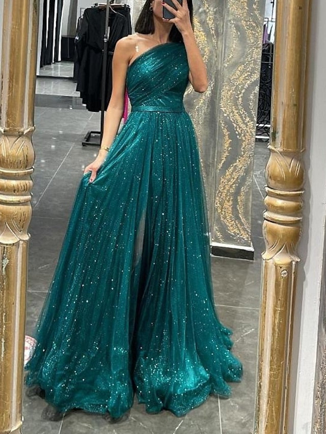 Robe de Bal Longue à Une Épaule, Coupe A-Line/Princesse, avec Paillettes