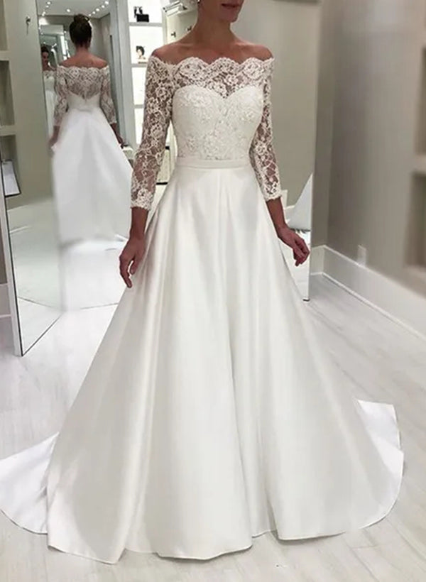 Robe de Mariée en Dentelle à Épaules Dénudées et Longueur Au Sol, Coupe A-Line/Princesse